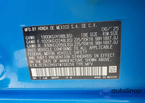 2026 Honda Hr-V Awd Sport z USA, uszkodzony, nr VIN 3CZRZ2H5XTM708258